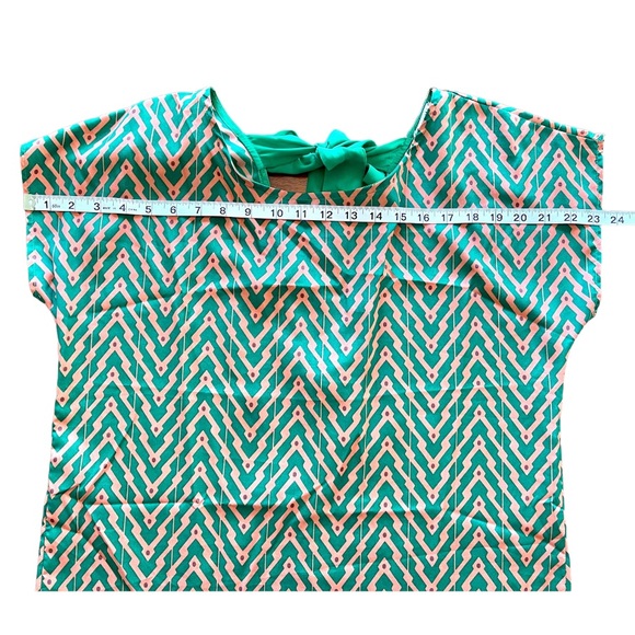 Splendid Green & Orange Geometric Tribal Print Slim Tunic Blouse w/ Bow, Medium - Picture 5 of 9
